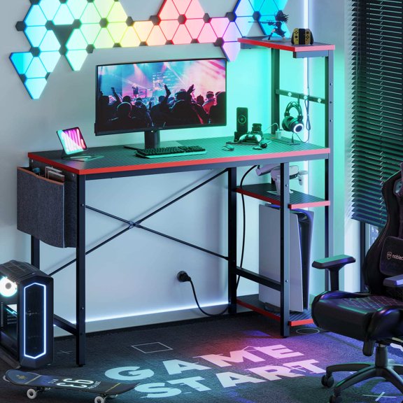 Gaming Desk with Power Outlets, 44 Inch Led Gamer Desk with 4 Tiers Reversible Shelves, PC Gaming Table with Headset Hook & Side Storage Bag for Bedroom