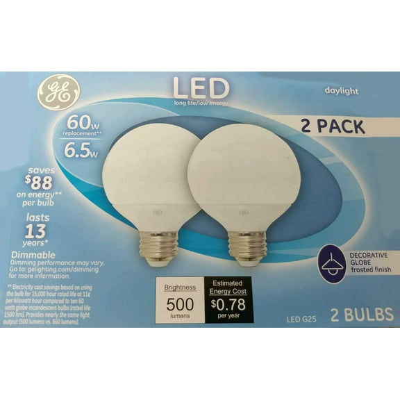 (2 pack) GE 37274 LED Globe, G25, 60 watt equivalent, medium base, Frosted, Dimmable, refreshing Daylight LED bulbs