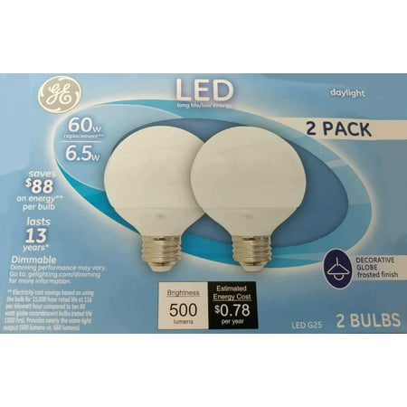 

(6 bulbs) GE 37274 LED Globe G25 60 watt equivalent medium base Frosted Dimmable refreshing Daylight LED bulbs