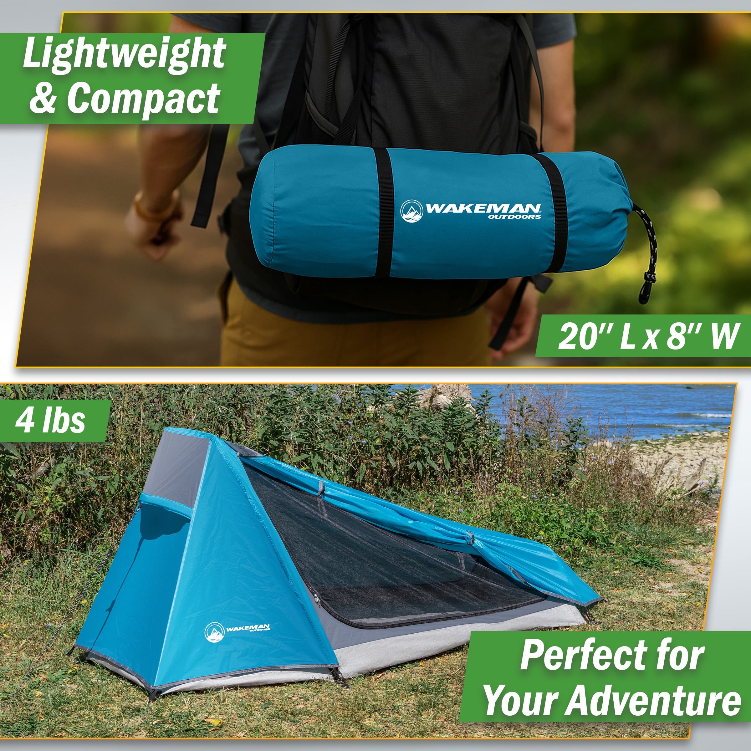 Wakeman Outdoors Single Person Tent - Ultralight 1 Person Camping Tent with Rainfly and Bag, Blue