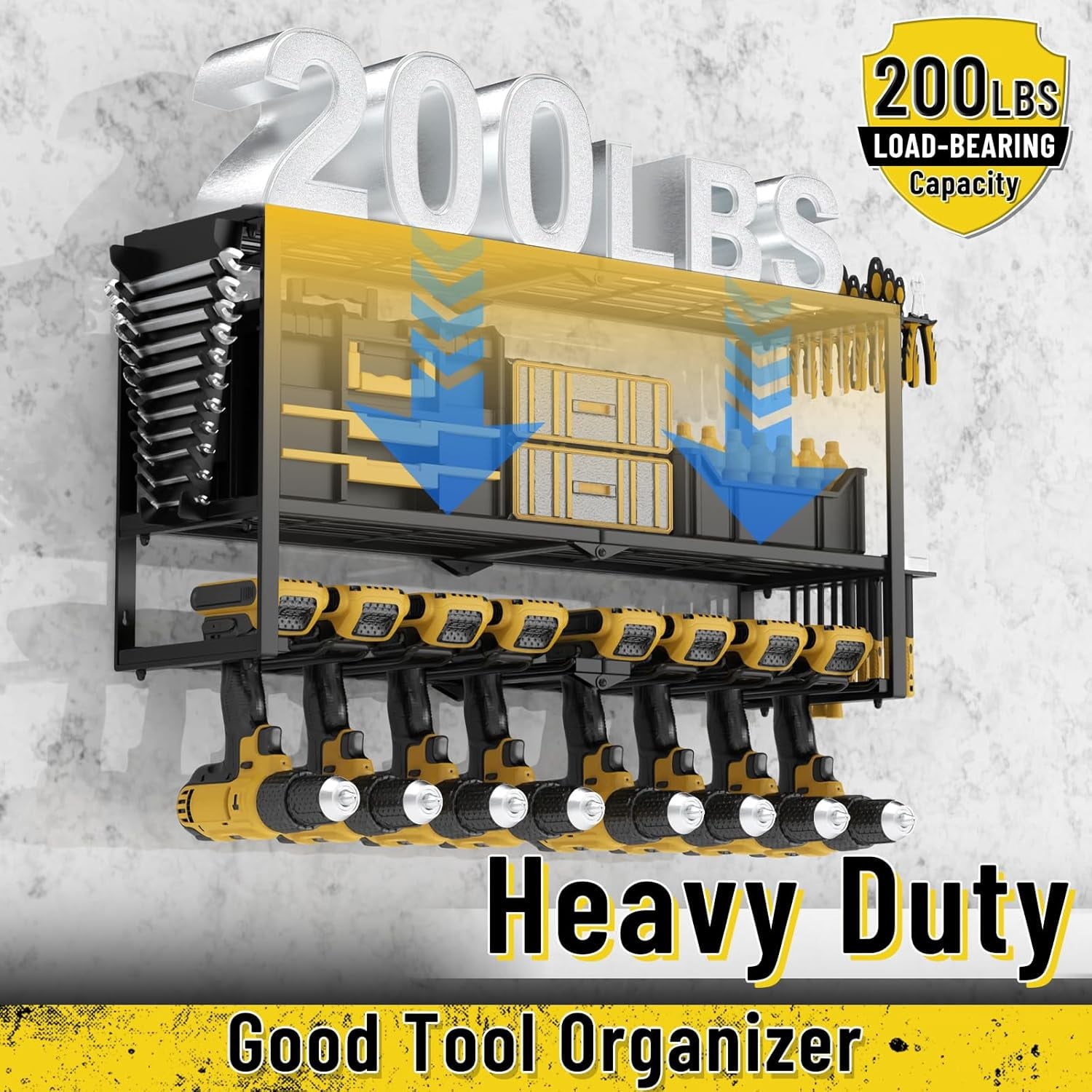 Heavy Duty 3-Tier Power Tool Organizer Wall Mount with 8 Drill Holders and Wrench Shelves for Garage Workshop Storage