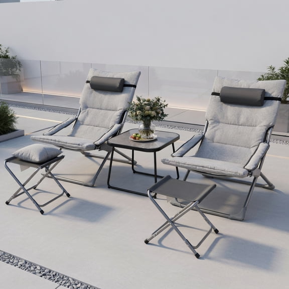 Yardi Yard 5-Piece Patio Sling Chair Set with Thick Padded Headrest and Armrest, Foldable Lounge Chairs with Footrests and Coffee Table, Chair Set for Outdoor, Gray