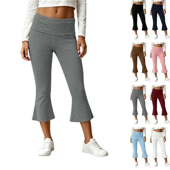Women's Flare Capri Leggings Fold Over High Waisted Bootcut Yoga Pants Slim Fit Soft Capris Workout Lounge Legging Gray M