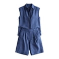 thumbnail image 5 of HongQid 2 Piece Linen Short Set Ladies Sleeveless Striped Trim Shirt and Pleated Shorts Casual Outfit for Women, 5 of 6