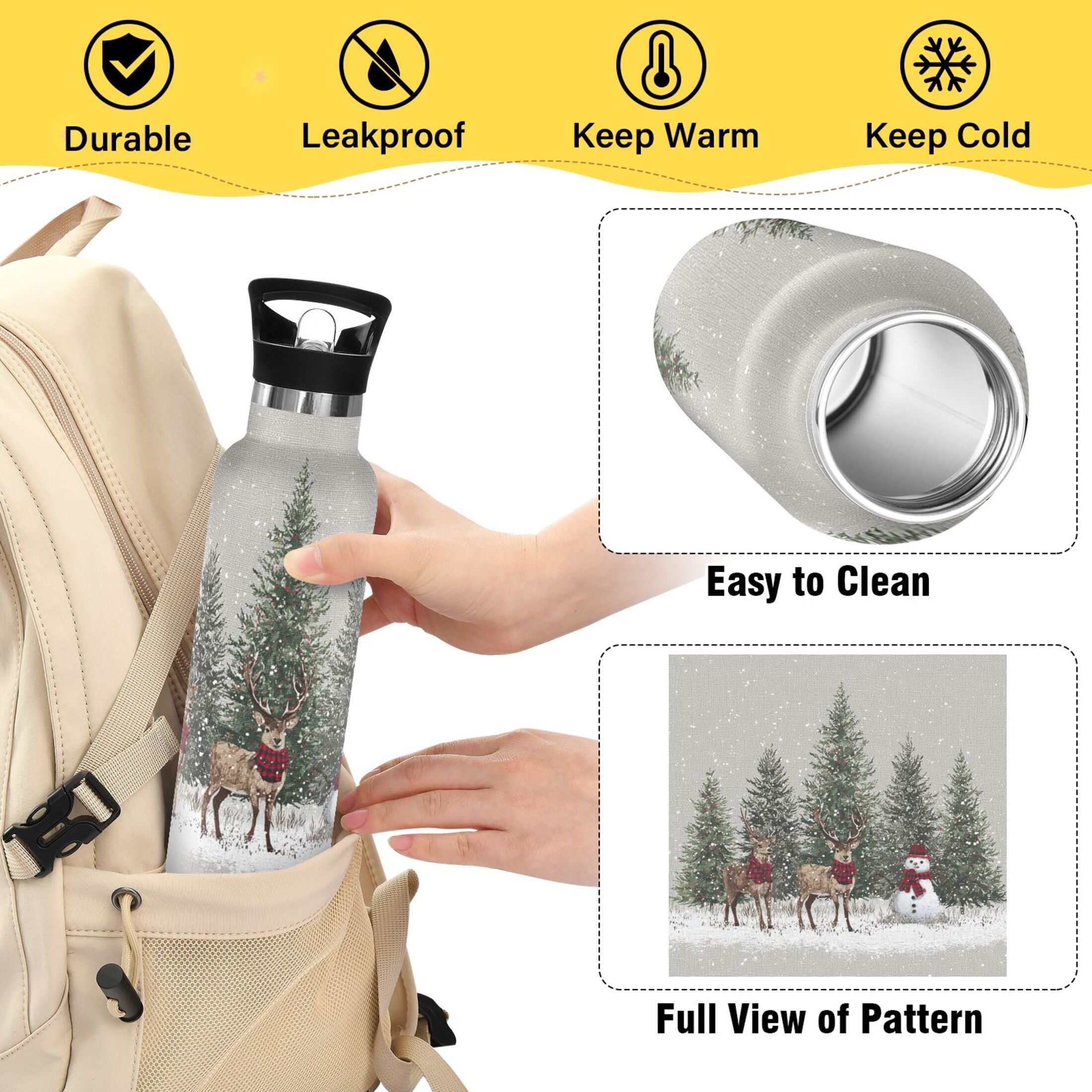Kids Insulated Stainless Steel Sports Water Bottle 600ml (20oz) Christmas Deer and Snowmen