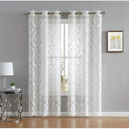 Ivory Lace Tile Lisa Knitted Lace Curtain Medallion Design with Scalloped Bottom (38