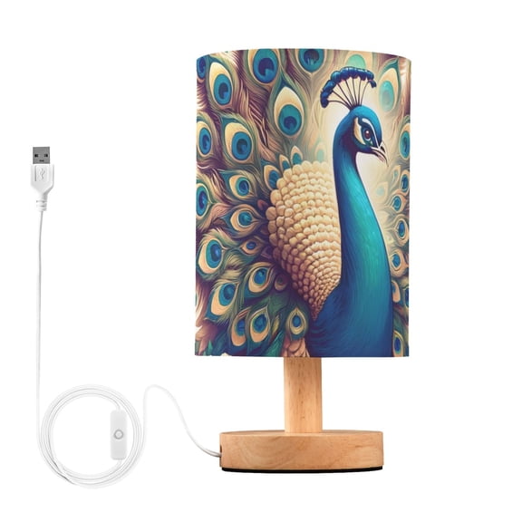 Bedside Desk Lamp LED Beautiful Peacock Table Nightstand Lamps Warm Light Fabric Lampshade for Home Bedroom Office Living Room Decor