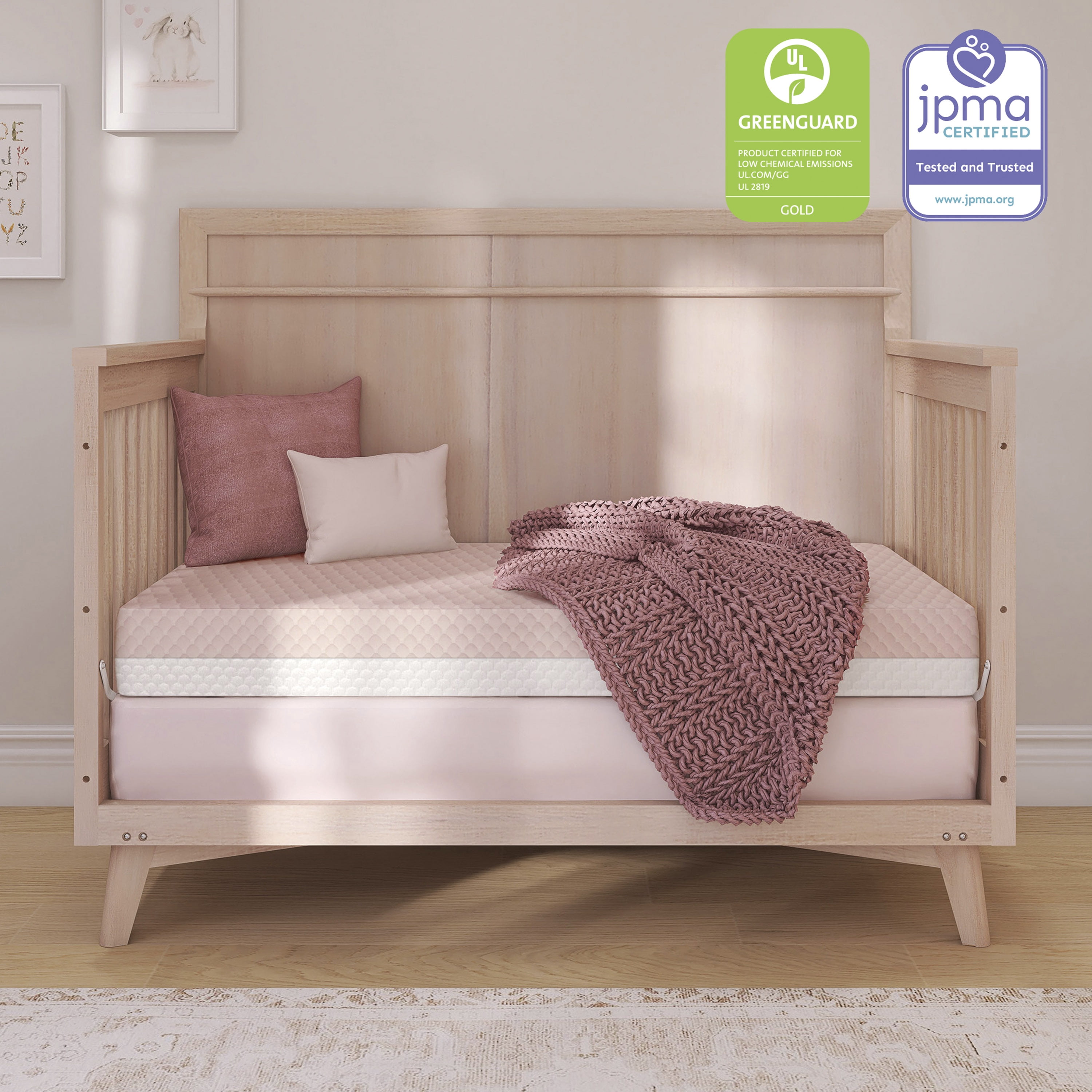 Evolur Pure Zen 2 in 1 Crib & Toddler Mattress, White and Pink, Greenguard Gold Certified