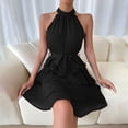 thumbnail image 3 of Women's Mini Dresses Halter Neck Sleeveless Chiffon Dresses Party Date Style Lightweight Breathable Tiered Ruffle Hem Loose Fit Dresses, 3 of 8