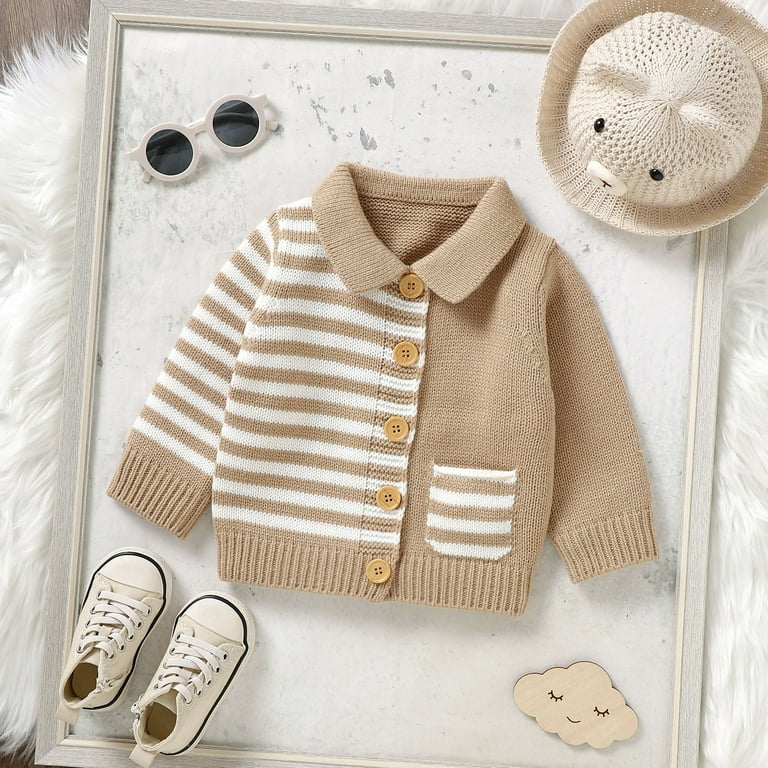 Felwors Coat For Kids Baby Girls Boys Long Sleeve Turn Down Collar Sweaters Warm Jacket Cotton Knit Striped Cardigan Button Down Coat