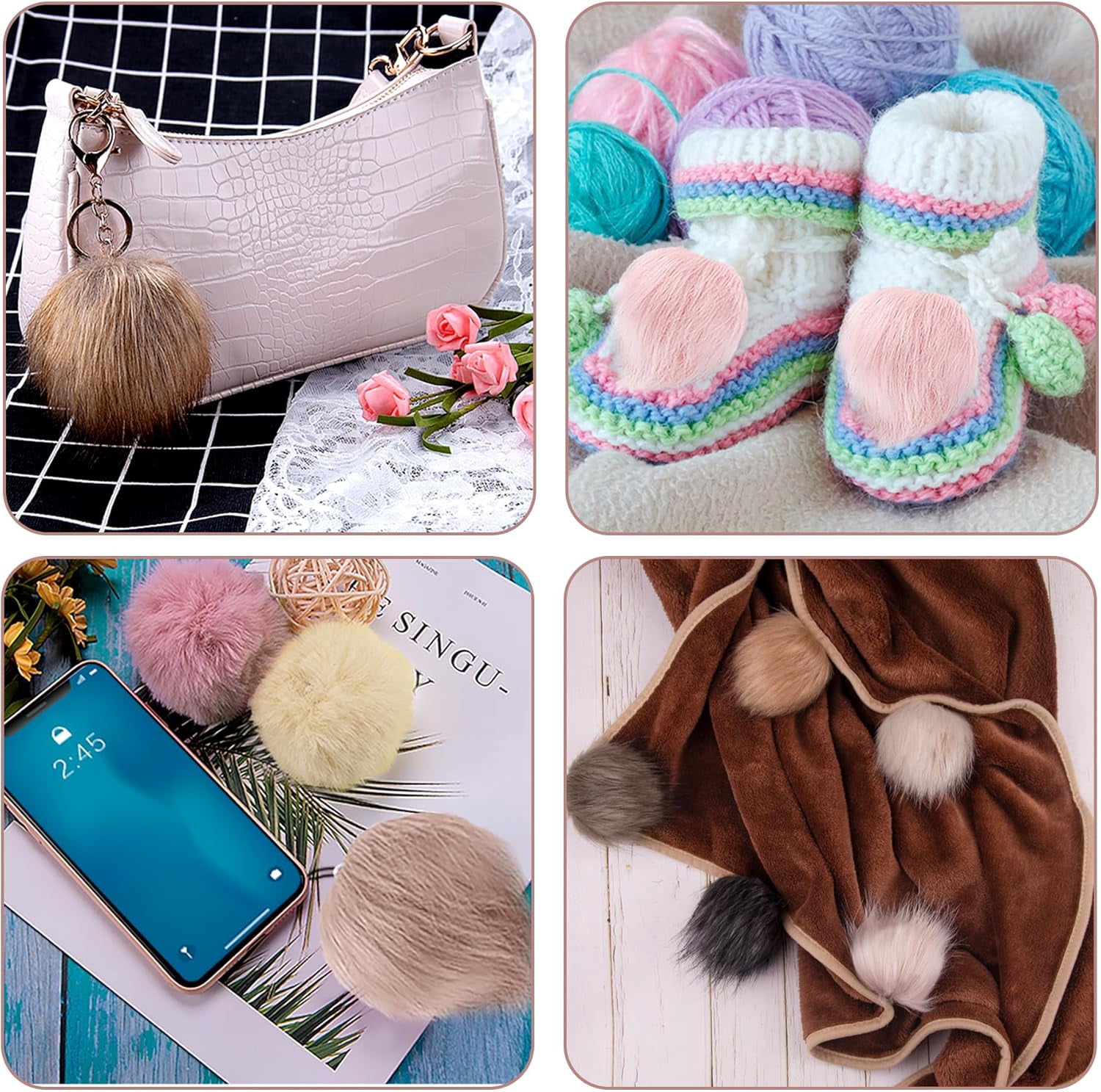 46 Pieces Faux Fur Pom Pom Fluffy Hat Pom Pom Balls with Elastic Loop DIY Faux Fox Fur Pom Pom for Hats Beanie Shoes Scarves Gloves Bags Accessories(Soft Color)