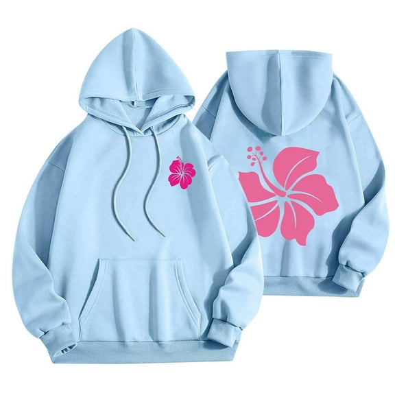 Fmbrln Womens Trendy Floral Print Hoodie Fall Winter Fashion Long Sleeve Hooded Sweatshirts Casual Loose Comfy Pullover Tops with Pockets Light Blue XL