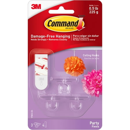 Command Party Ceiling Hooks Clear 3 Hooks 4 Strips Pack