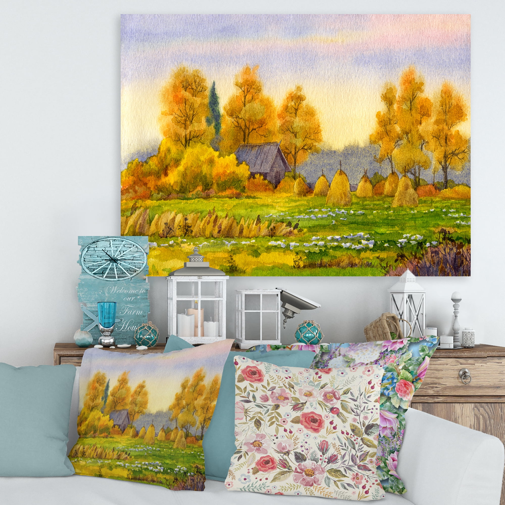 Designart ' Orange Fields With Haystacks II ' Lake House Canvas Wall Art Print