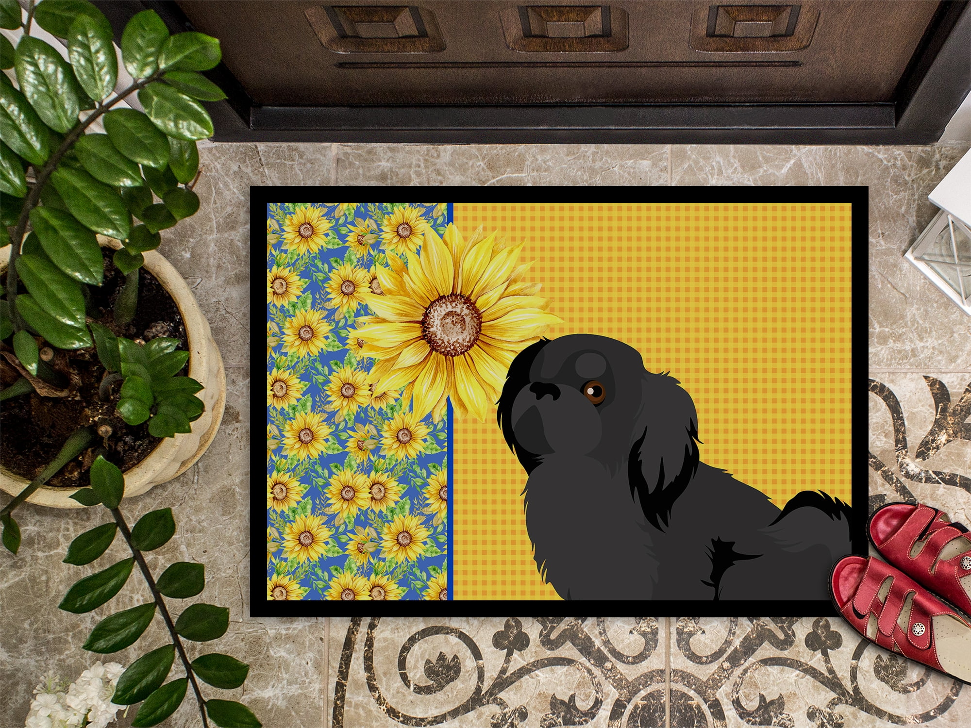 Carolines Treasures WDK5452JMAT 24 x 36 in. Summer Sunflowers Black Pekingese Indoor or Outdoor Mat