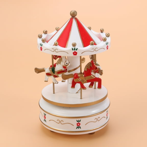 GOOHOCHY White Wooden Carousel Music Box for Decoration Beautiful and Mechanical Movement No Battery Required 6.3 Inches