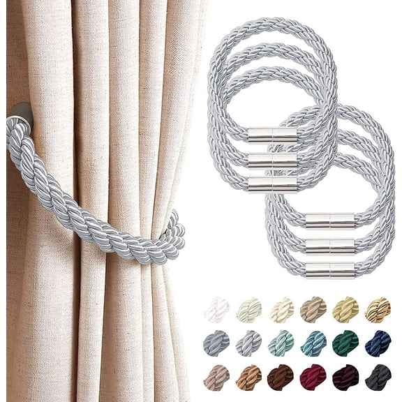 6 Pack Strong Magnetic Curtain Tiebacks Modern Simple Style Drape Tie Backs Convenient Decorative Weave Rope Curtain Holdbacks for Thin or Thick Home & Office Window Draperies (Light Grey)