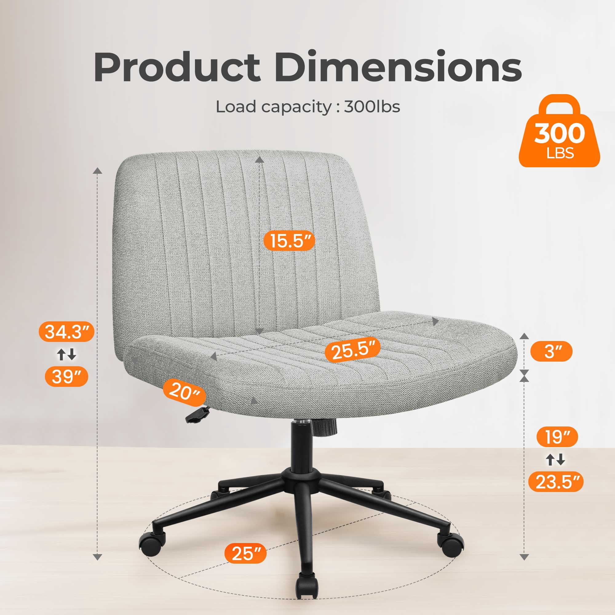 NEO CHAIR Criss Cross Chair with Wheels Armless Cross Legged Office Desk Wide Comfy Vanity Makeup Chair Adjustable Swivel Rolling Computer for Home Office Fabric (Grey Dual Base)