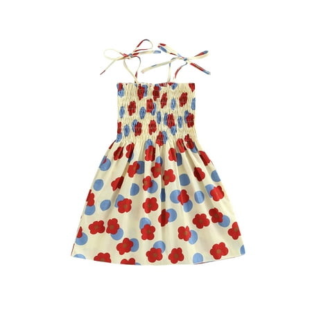 

Calsunbaby Little Girls Sling Dress Toddler Sleeveless Tie-up Spaghetti Straps Chest Smocked Ruched Floral Strawberry Printed A-line Skirt