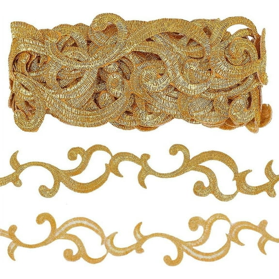 3.8M Ethnic Style Iron on/Sew on Embroidery Flower Polyester Lace Trim Ribbon for Clothes Decoration Gold 1-5/8 inch(41mm) about 4.16 Yards(3.8m)/pc