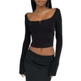 thumbnail image 1 of xiaxaixu Women's Spring Autumn Slim Crop Tops Black Long Sleeve Square Neck Button T-shirt, 1 of 5