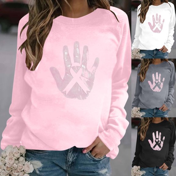 Hfnxid Women's Crewneck Sweatshirt Raglan Long Sleeve Breast Cance Pullover Tops 2026 Casual Hope Sweatshirts Tops