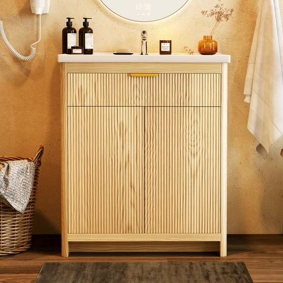 Yamissi 31" Oak Bathroom Vanity Cabinet with Ceramic Sink & Flip Drawer
