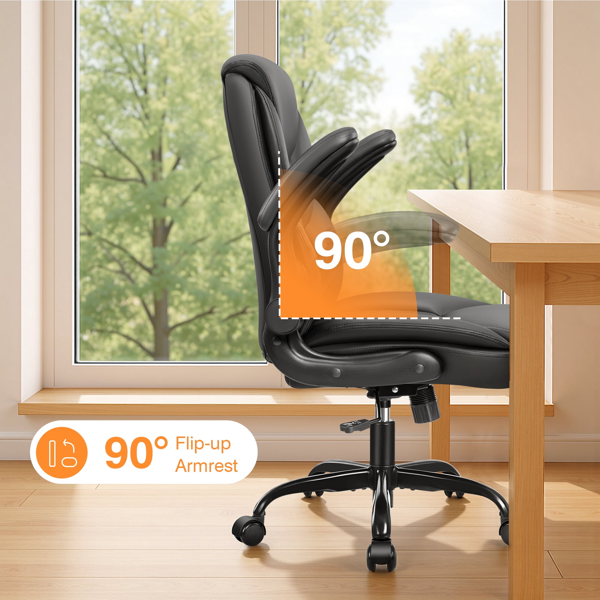 Primy Compact PU Leather Office Chair - Ergonomic Adjustable Height Computer Desk Chair with Flip-Up Armrests, Mid-Back Executive Swivel Chair on Wheels for Small Spaces & Petite Users, Black