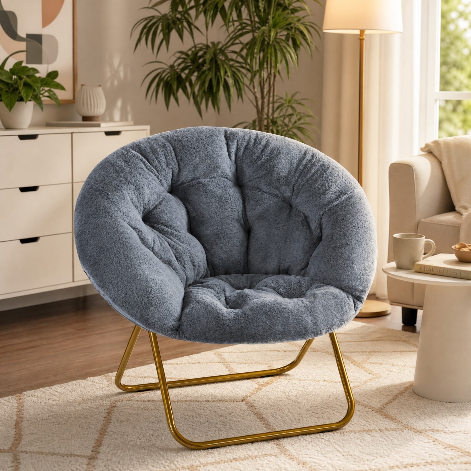 Kelno Faux Fur Saucer Chair 250lb Capacity Foldable Round Lounge Chair Soft Plush Folding Moon Chair, Gray