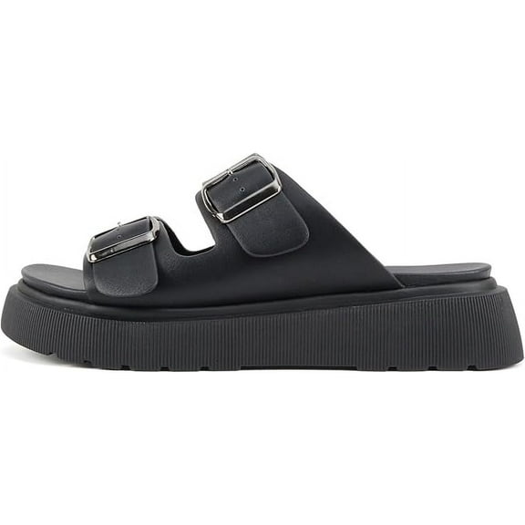 Women Round Toe Lug Sole Platform Slide Sandal with Two Adjustable Buckle Straps Uberta Soda