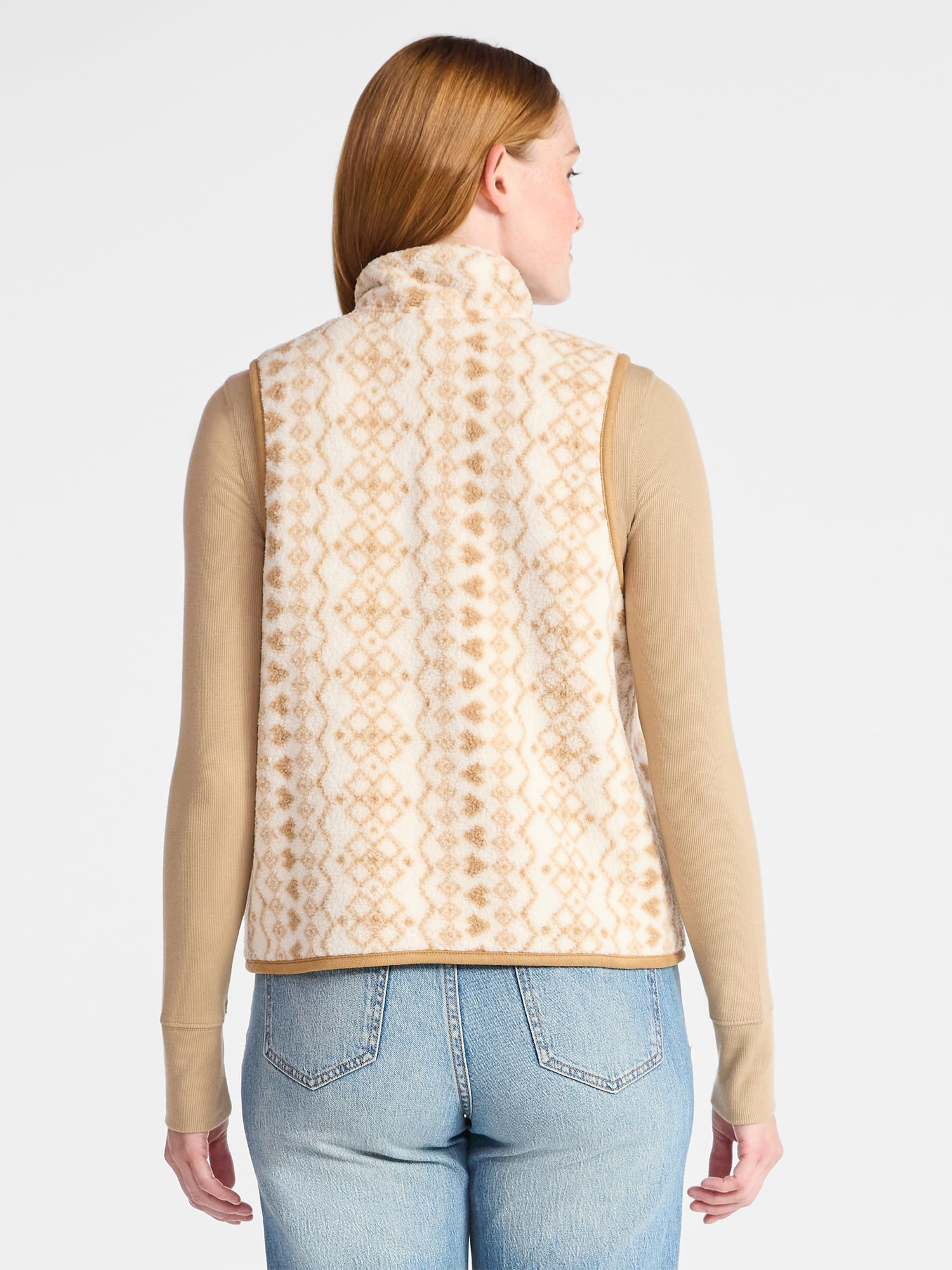 Time and Tru Women's Print Plush Fleece Zip Vest, Lightweight, Sizes XS-XXXL