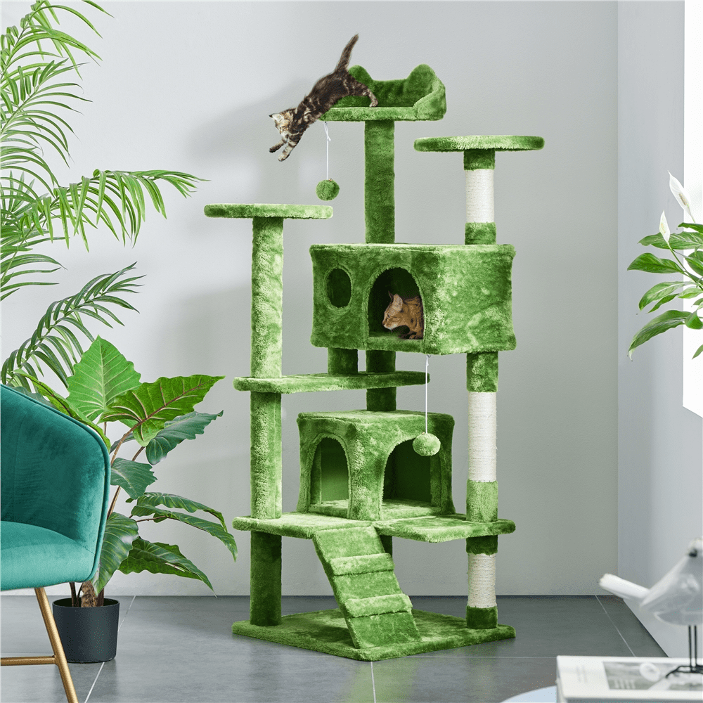 Alden Design Upholstered 6-Level 54" Cat Tree with 2 Condos, Green