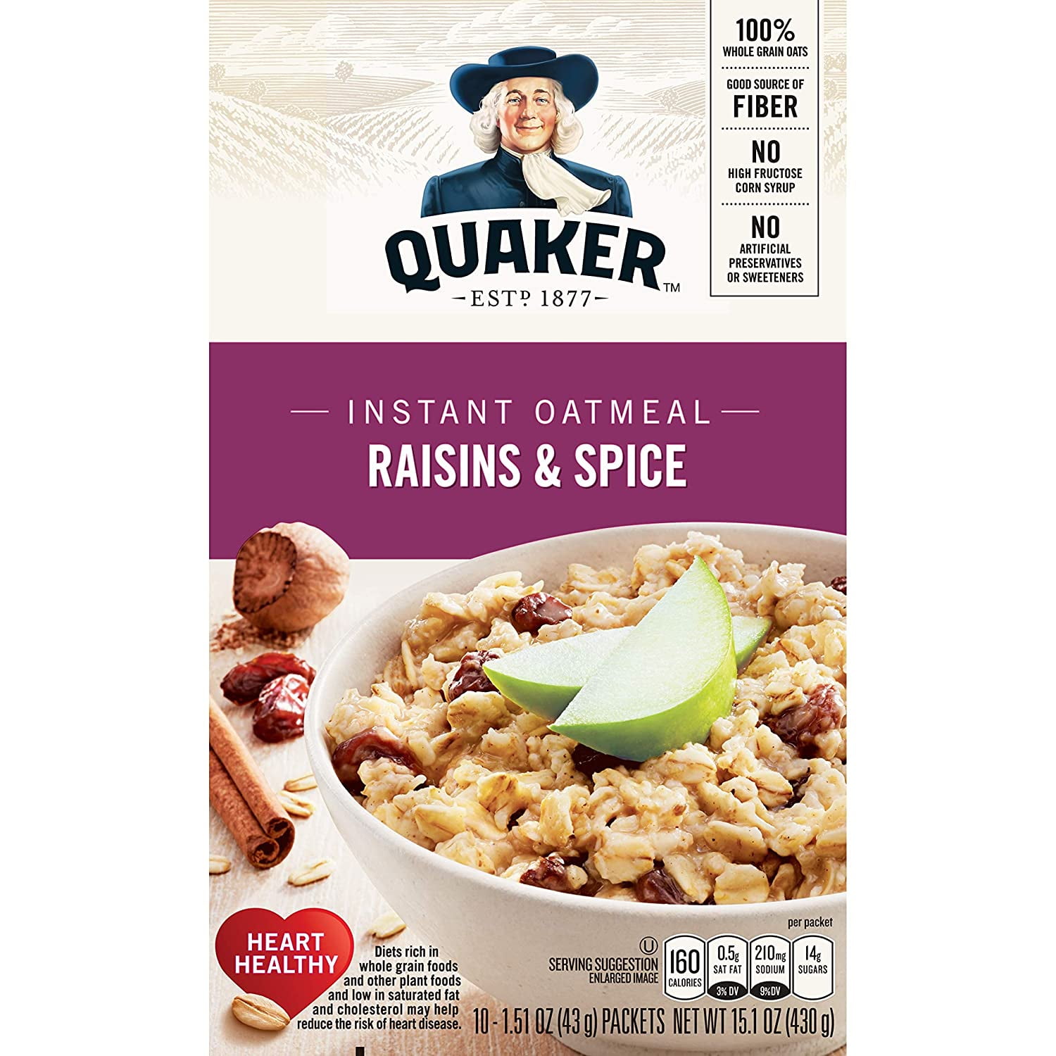 Quaker Instant Oatmeal, Raisin & Spice, Breakfast Cereal, 10 Count , 1.