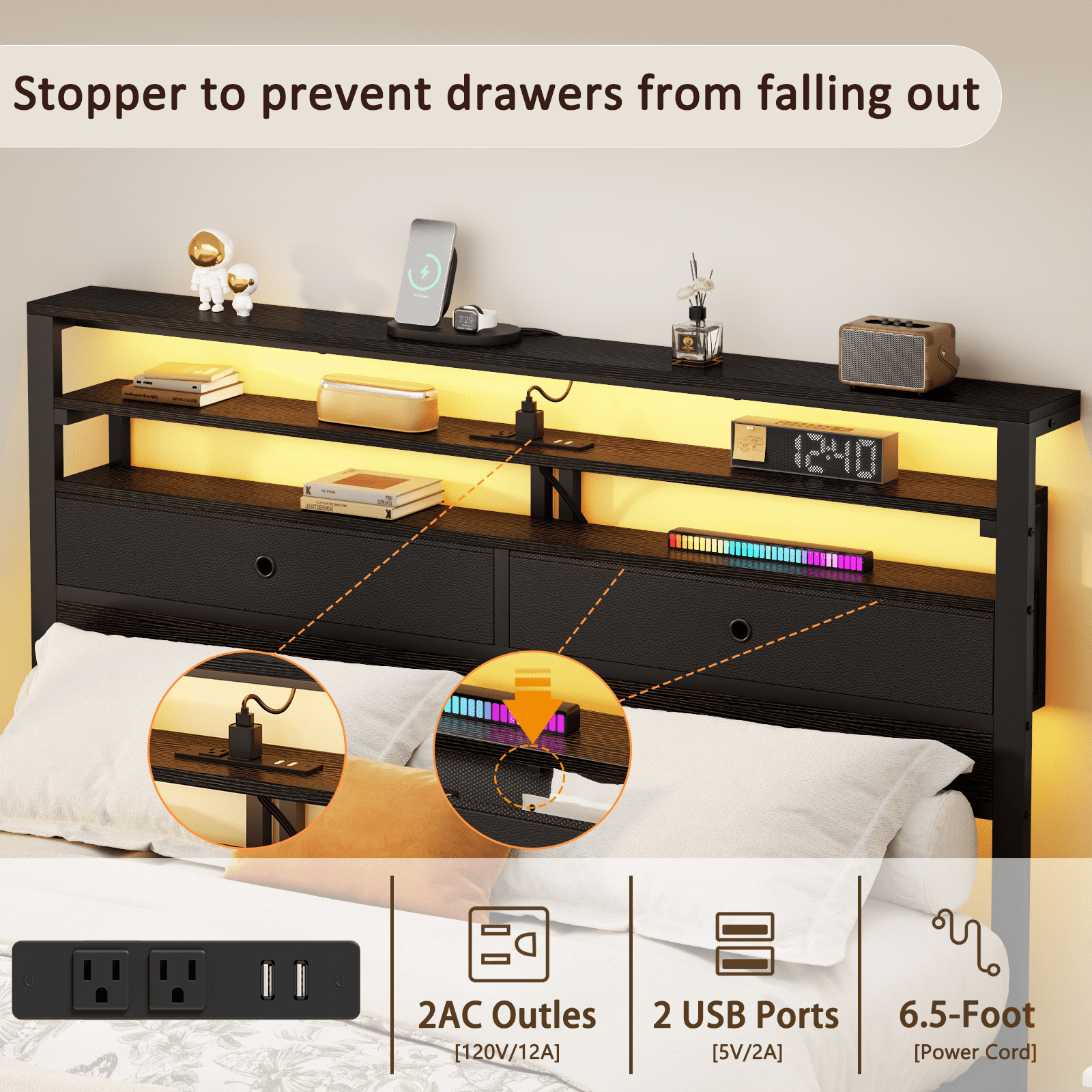 BYT Full Size Bed Frame with 2 Storage Drawers Headboard, LED & Charging Station, Black oack