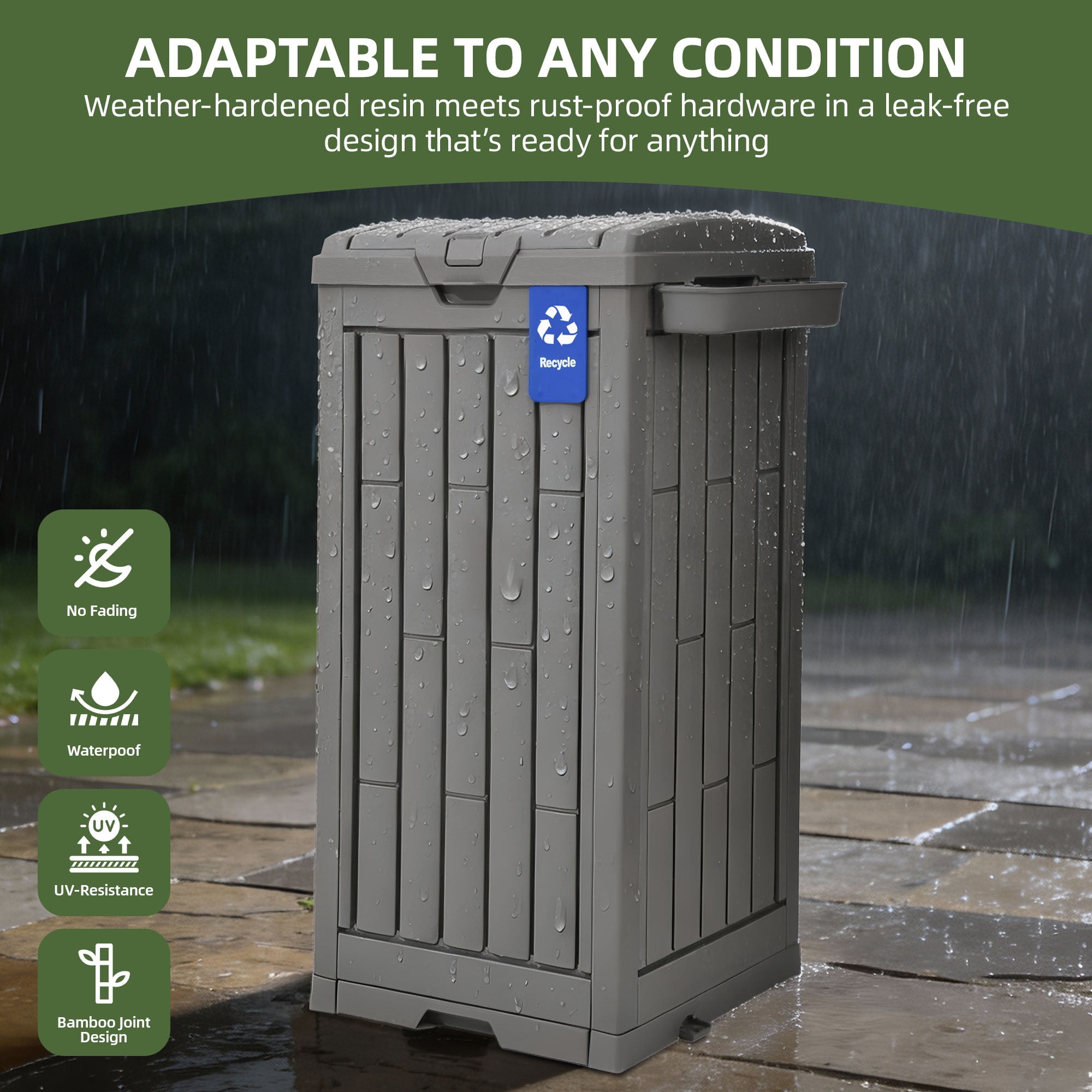 Uforic 38 Gallon Outdoor Resin Trash Can with Lid, Includes Sorting Labels, Ash Holder, Stakes & Suction Cups, Hideaway Storage for Patio Backyard Garden, Light Brown