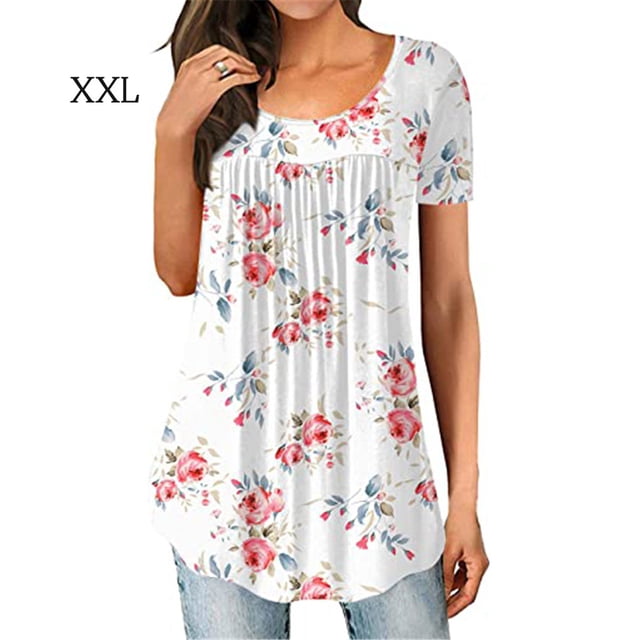 Camiseta de mujer con estampado floral, manga corta, cuello redondo, blusa plisada, tipo 3, XXL Methold AP002482-08