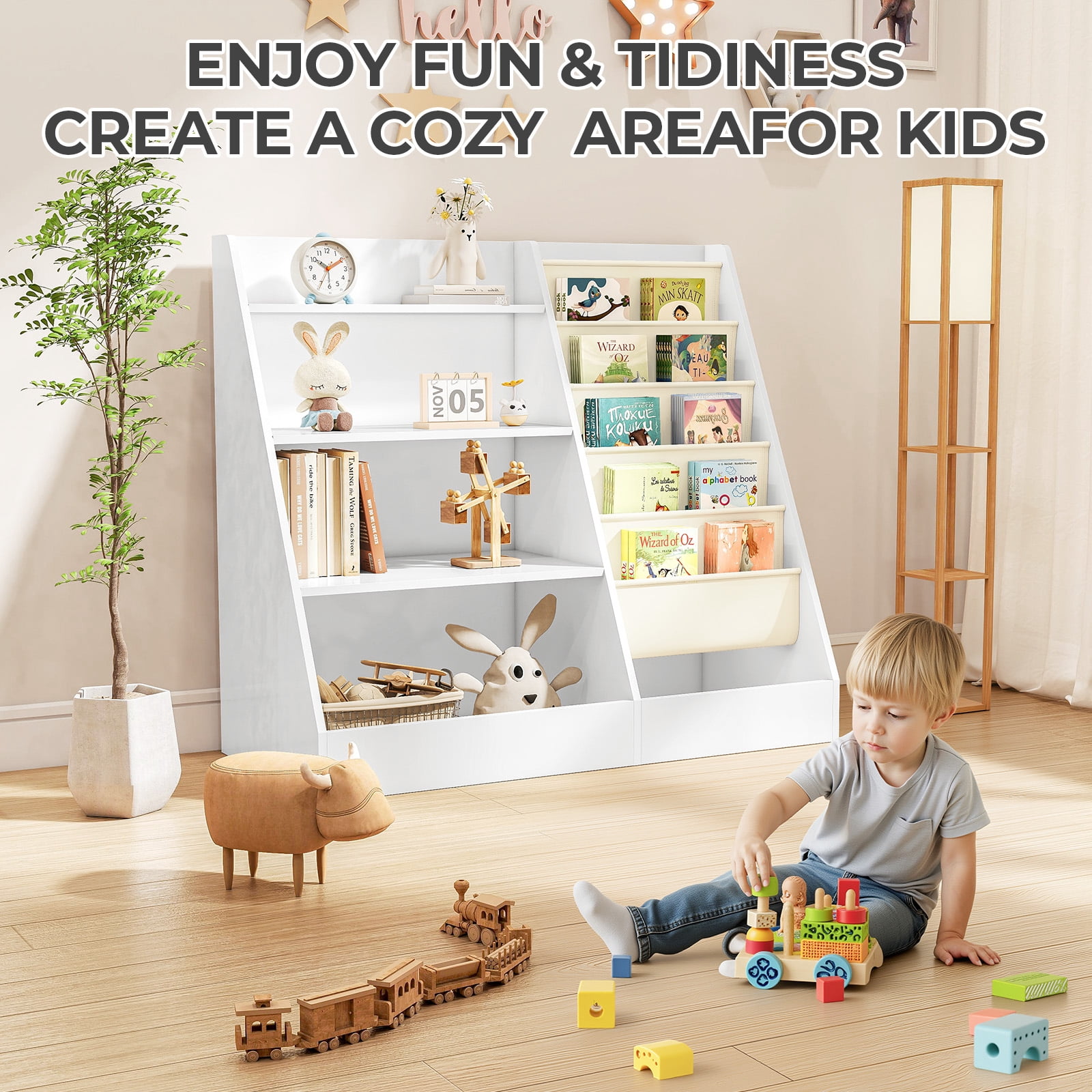 SUGIFT 4 Tier Kids Bookshelf, Kids Toy Organizer with 5 compartments, Bookcase for Children's Room, Playroom, White