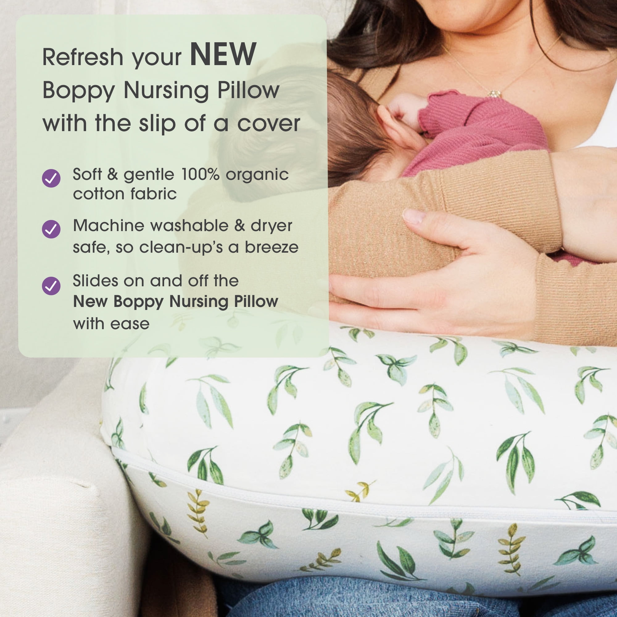Boppy New Nursing Pillow Organic Cotton Cover, Green Leaves