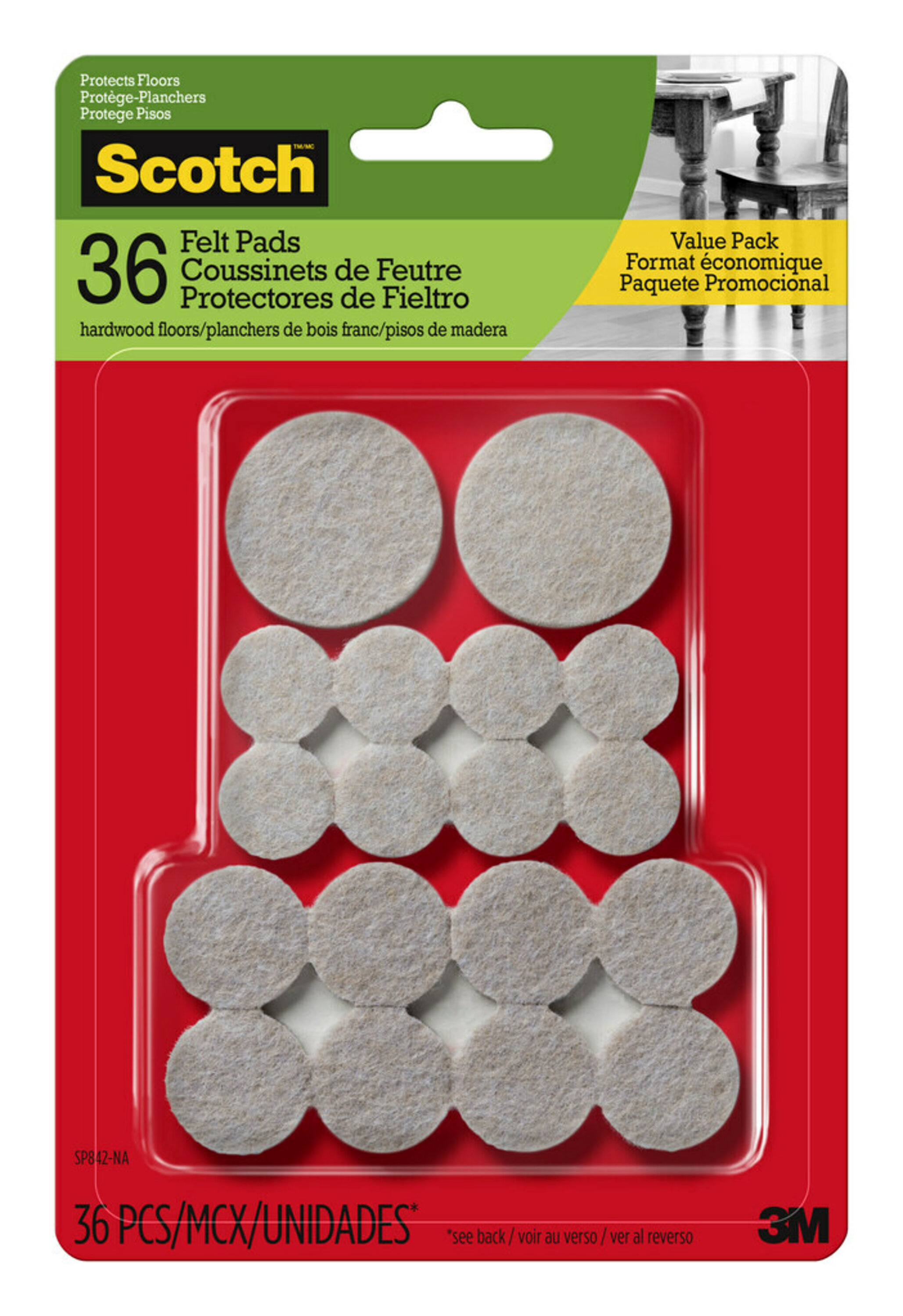 Scotch™ Felt Pads Value Pack, Beige, Assorted Sizes, 36/Pack