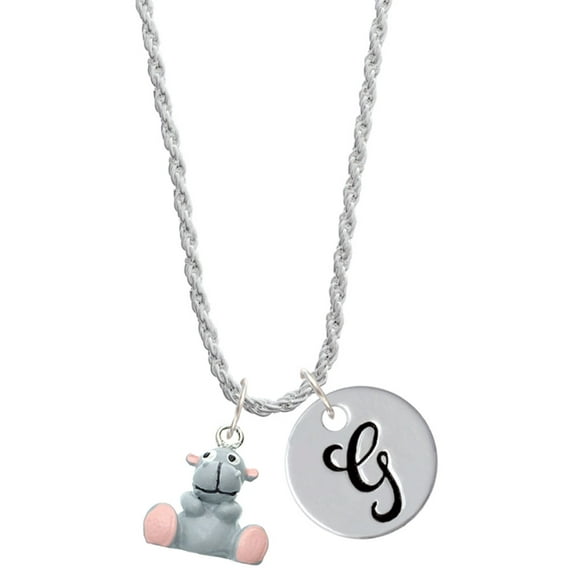 Delight Jewelry Resin Grey Hippopotamus Honey Silvertone Script Initial Disc - G - Charm Necklace, 20"+3"