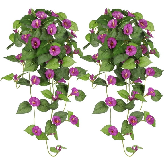 Briful 2Pcs 25.6" Artificial Hanging Flowers Morning Glory Flower Vines Fake Petunias Porch Plants Silk Greenery for Home Garden Balcony Shelf Decor Indoor, Purple Red