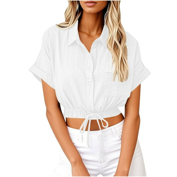 ZyeKqe Cotton Linen Cropped Shirts for Women Button down Short Sleeve Shirts Drawstring Hem Summer Top