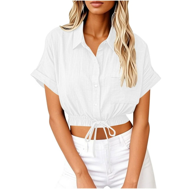 Short Sleeve Crop Tops for Women V Neck Loose Collared Button Down Shirt Summer Drawstring Blouse for Business Casual