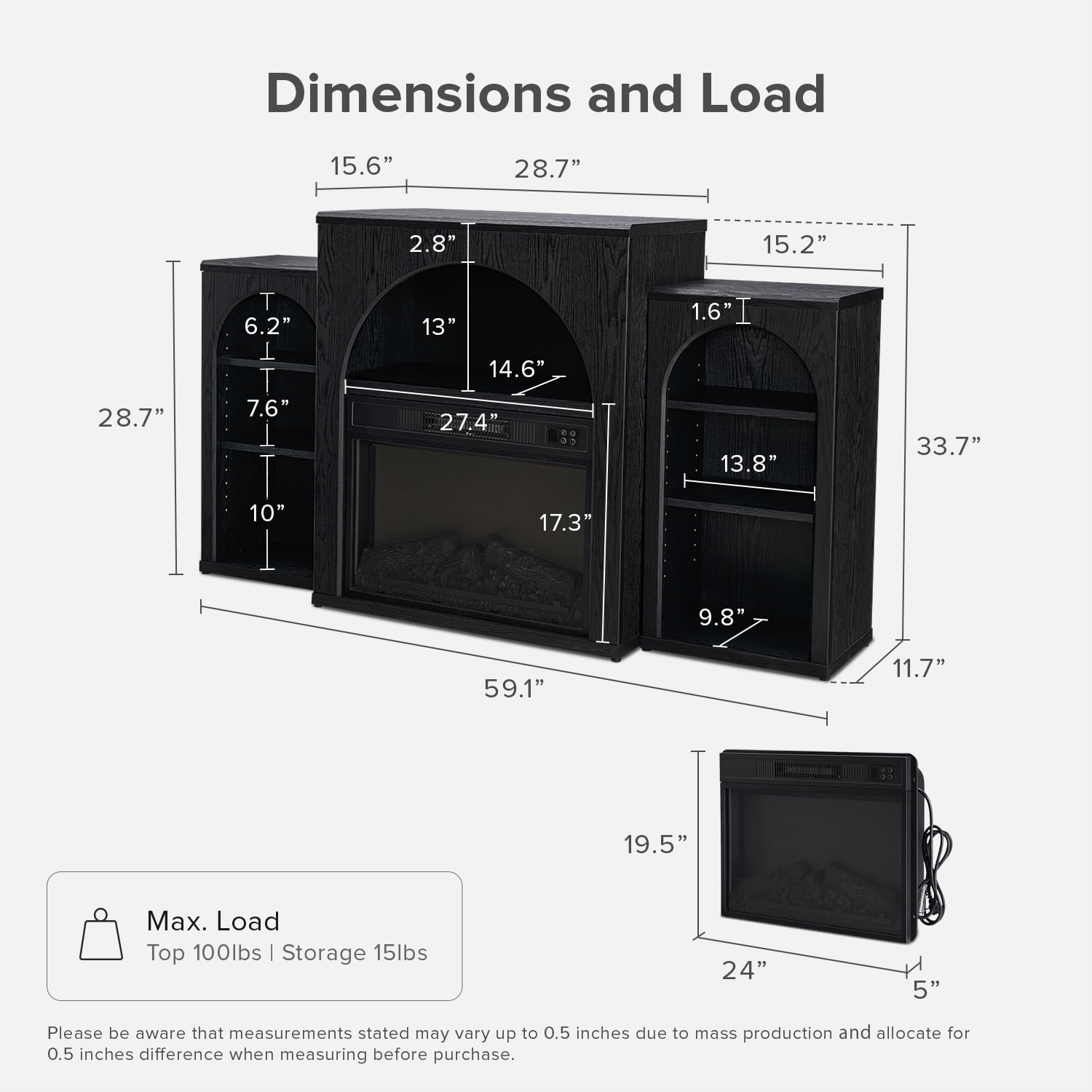 Mopio Blake 59" Arched TV Stand, Fireplace Mantel, Modular Side Storage Shelves, Entertainment Center for Living Room, Credenza, Media Console (Black, With Insert)