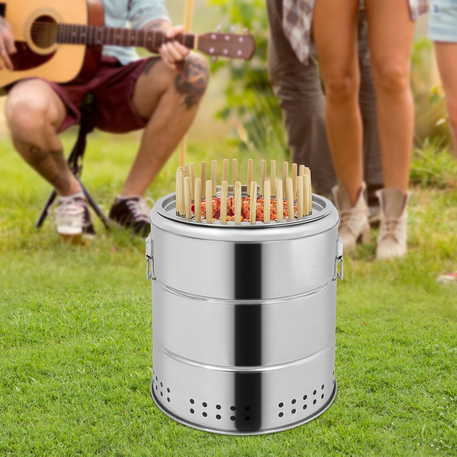 Modern Silver Stainless Steel Surround Charcoal Kebab Grill with 30 Skewers and BBQ Grill Cooking Grate