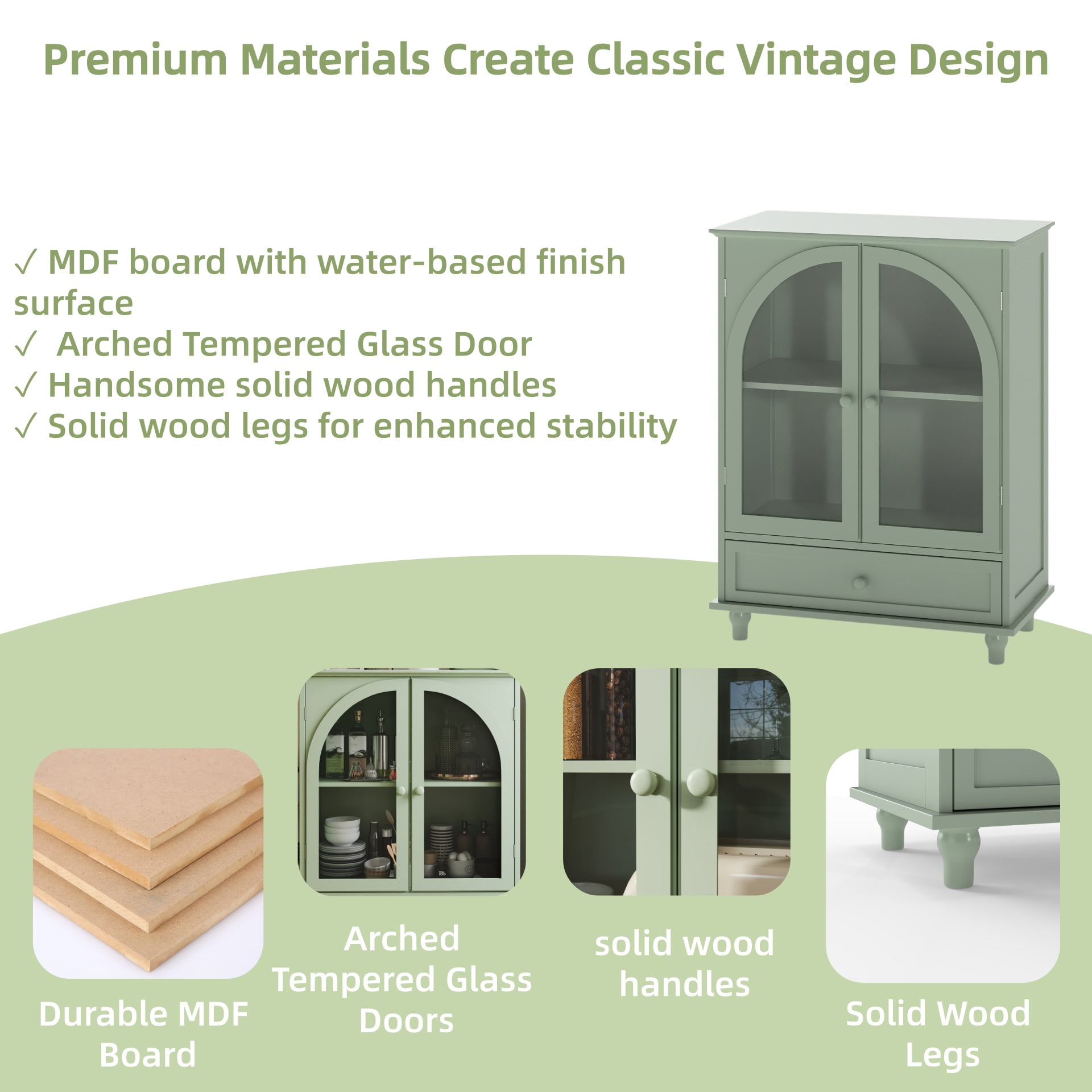 Aukfa Buffet Pantry Cabinet,Arched Glass Door Wood Sideboard Storage Cabinet for Dining Room Hallway Entryway,Green