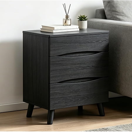 Nightstand with 3 Storage Drawers - Black | 24 Inch Wide Bedside Table with Wooden Top for Bedroom Space Saving Modern End Table for Living Room Office