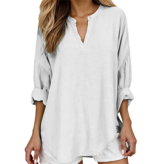 Wang6 Women's Oversized Long Sleeve T Shirts Causal V Neck Button Summer Tunic Tops Loose Fit Solid Long Tees Shirts White XXXXXL