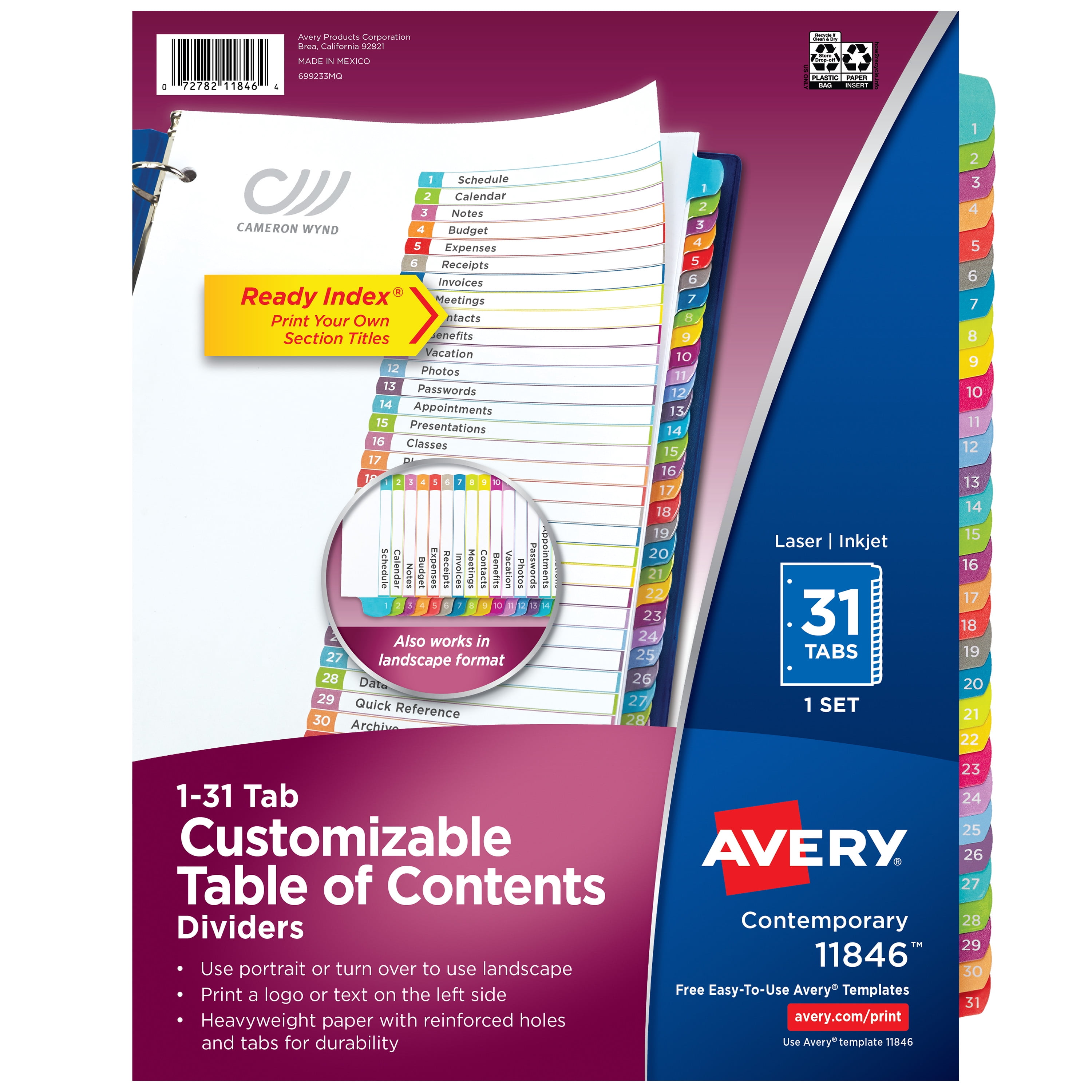 Avery 10-Tab Color-Coded Page Insert Dividers, Customizable TOC