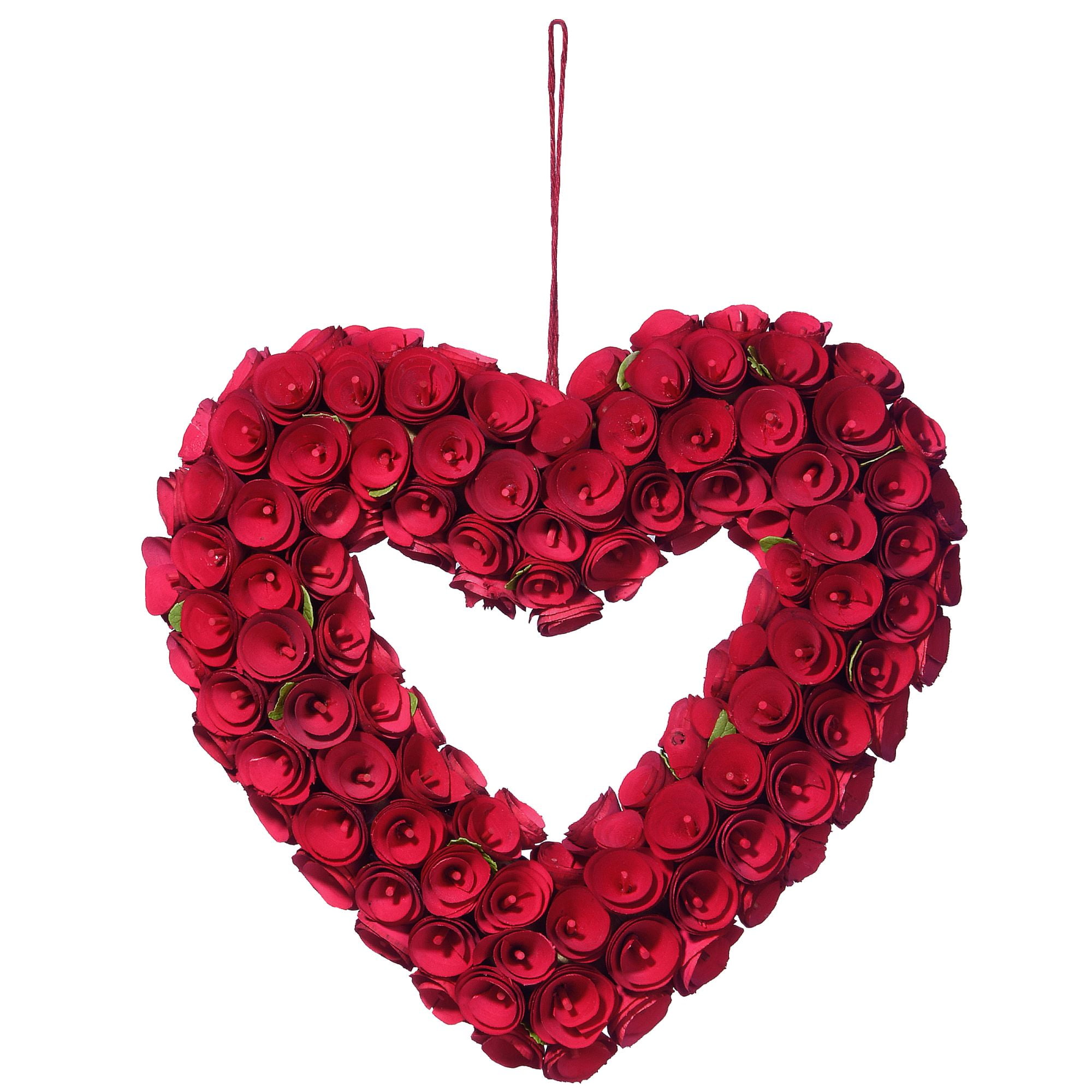 Red curl roses wood handcrafted valentine heart wreath 16 inch unlit
